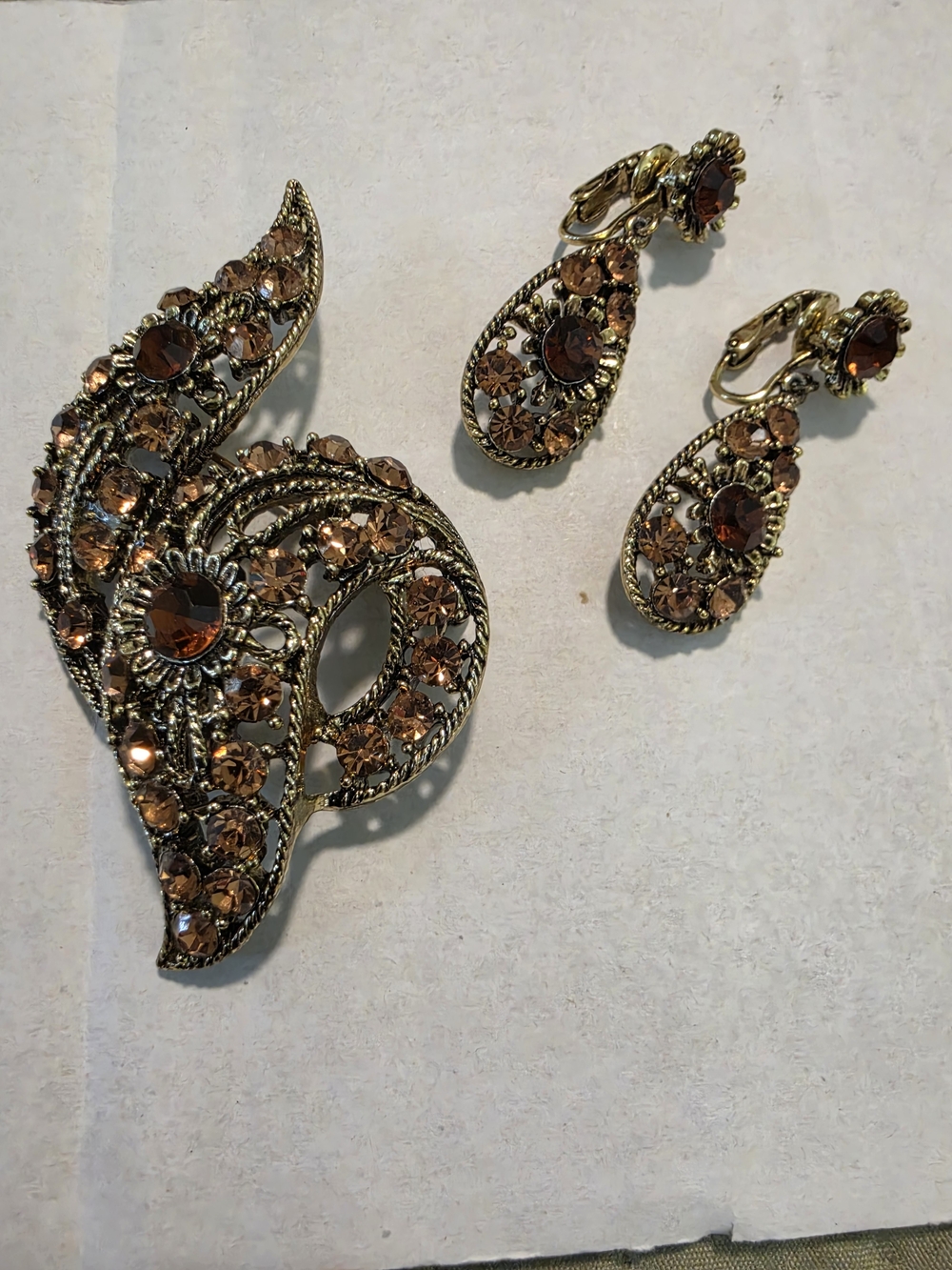 Vintage Brown Crystal Filigree Brooch and Clip-On Earring Set